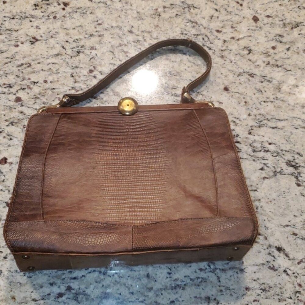 Antique Genuine Lizard Leather Top Handle Handbag Clasp Closure